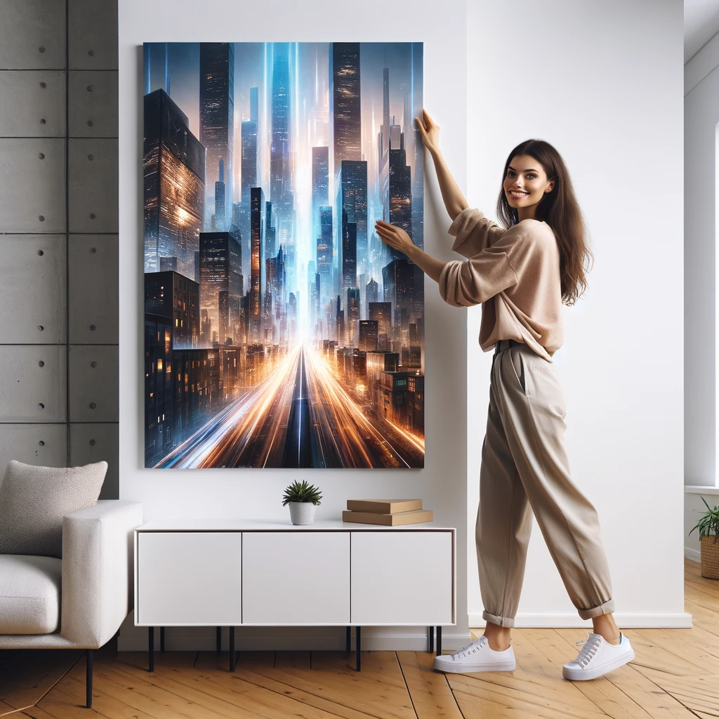 Woman hanging a canvas on her wall that she ordered and customized online with Artzzy.